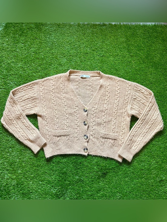 Zara Sweaters - Zara Beige Cable Knit Cropped Button Cardigan Small